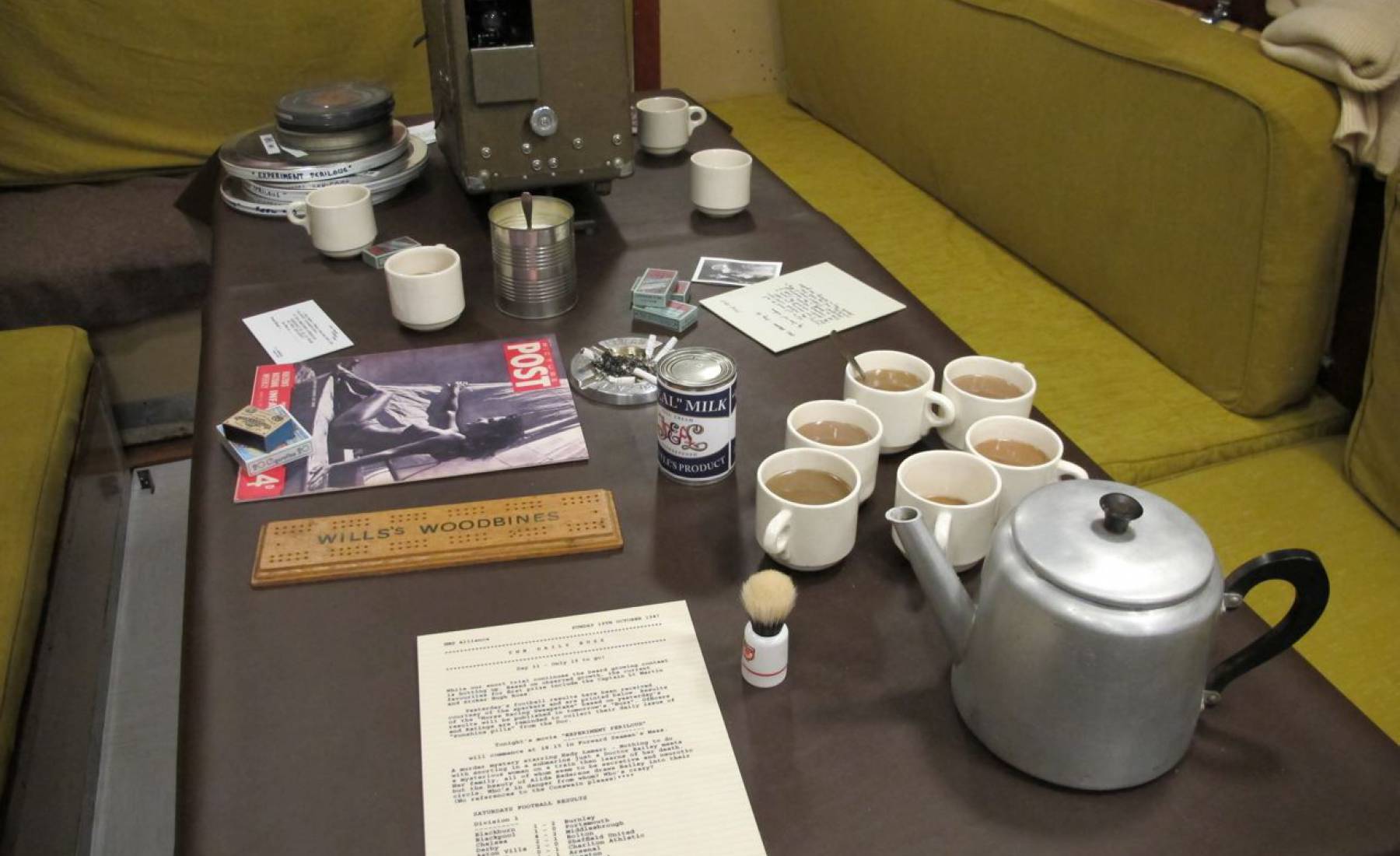 cups of tea, fake, coloured resin, submariner, HMS Alliance, submarine, teapot, cups spoons, sugar