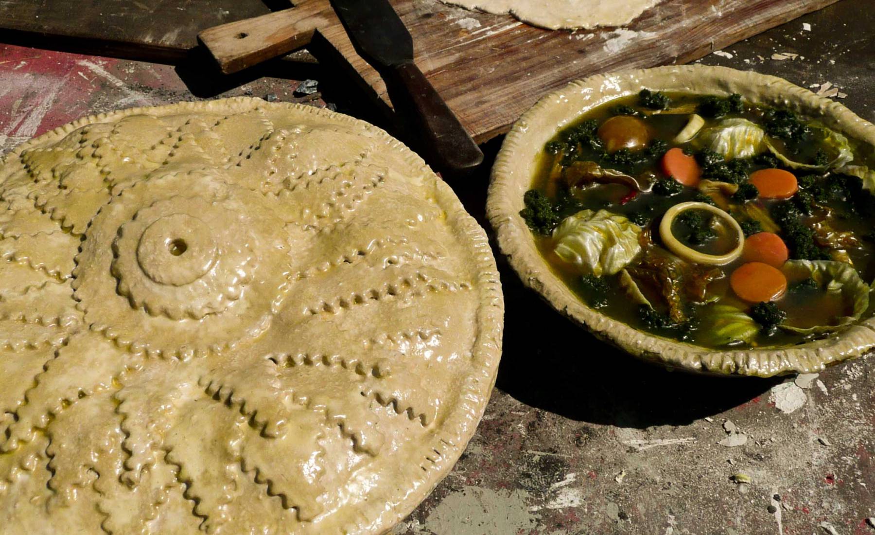 pies, pastry, uncooked, vegetable, chicken, gravy, s.s. Great Britain galley kitchen, feast, dinner, banquet